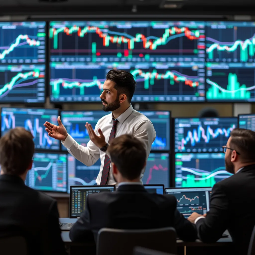 Analista explicando gráficos del mercado de valores